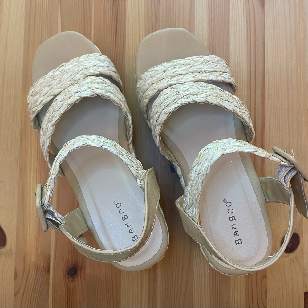 Bamboo natural/nude woven wedge sandal, size 10